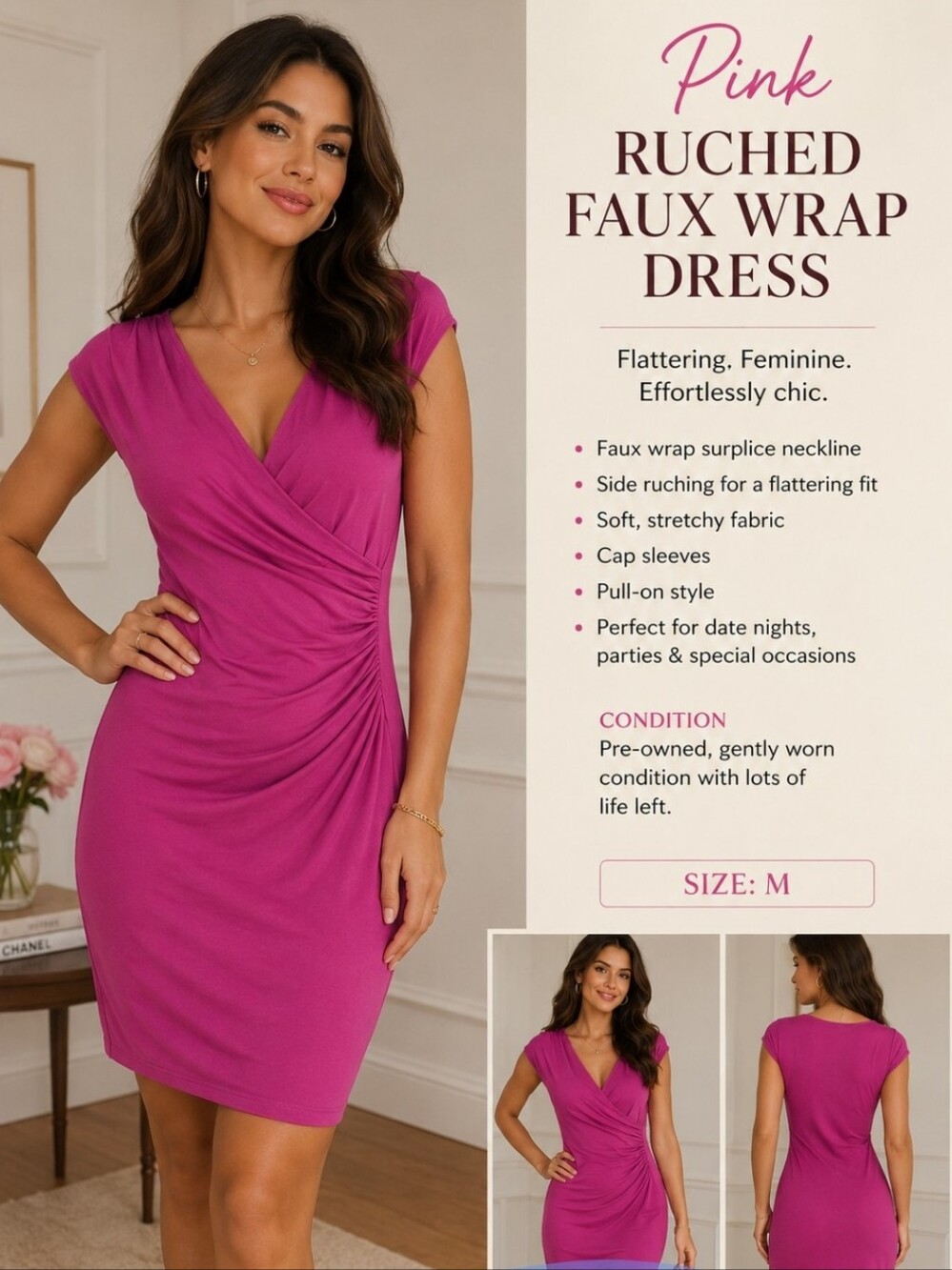 Ann Taylor XS Pink Ruched Faux Wrap Bodycon Dress